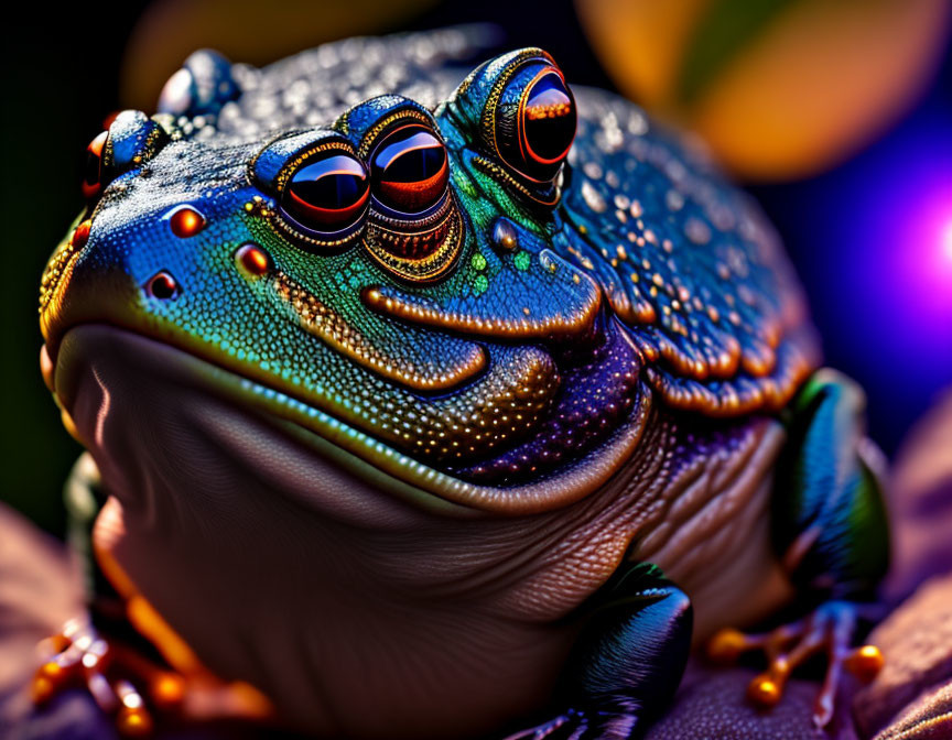 Colorful Frog with Intricate Skin Patterns on Purple and Yellow Background