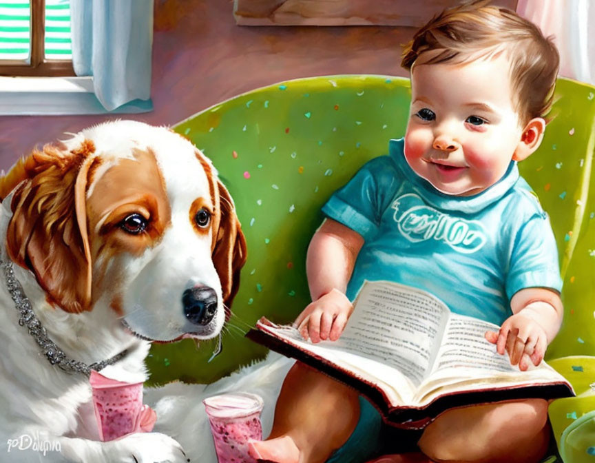 Baby and dog sitting together in bright room - baby smiles at dog reading book