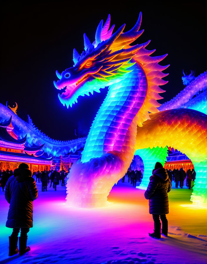 Neon-lit dragon ice sculpture at winter festival