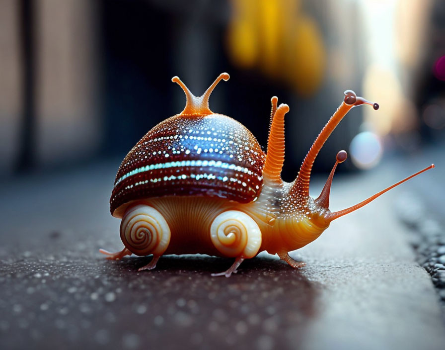 Colorful Striped Snail Crawling on Surface with Blurred Background