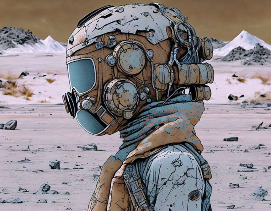 Detailed illustration of person in weathered spacesuit on barren rocky landscape