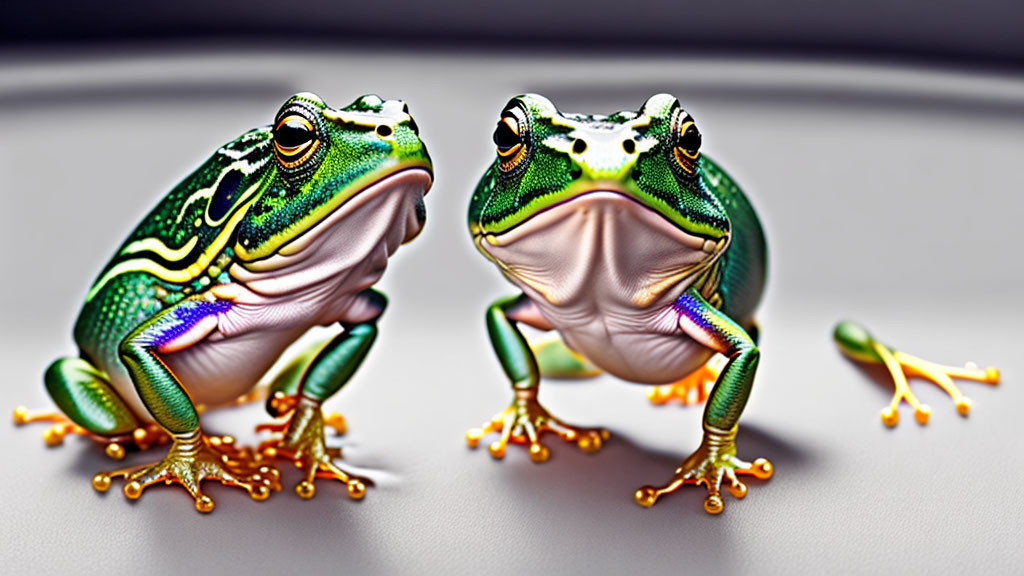 Vibrant green frogs with striking patterns and orange feet in soft-focus setting