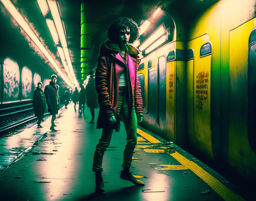 Vibrant orange jacket person on dimly lit subway platform