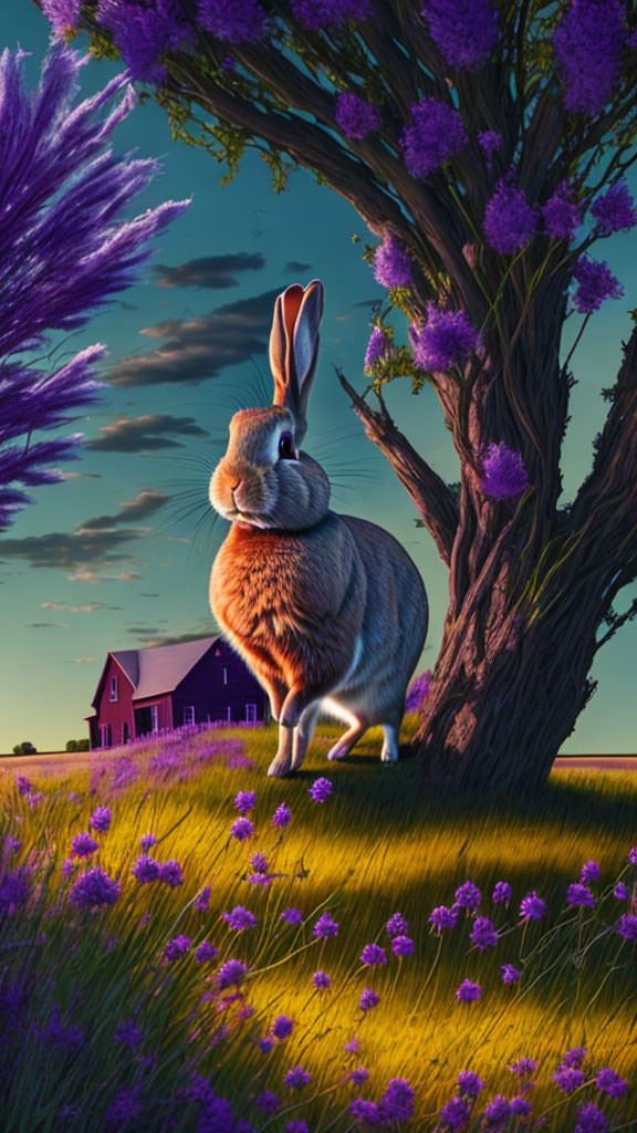 Giant bunny by purple-flowered tree near farmhouse at twilight