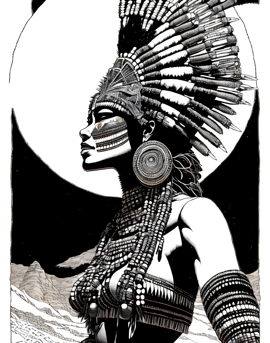 Detailed Black and White Illustration of Person with Tribal Headdress and Moon Background