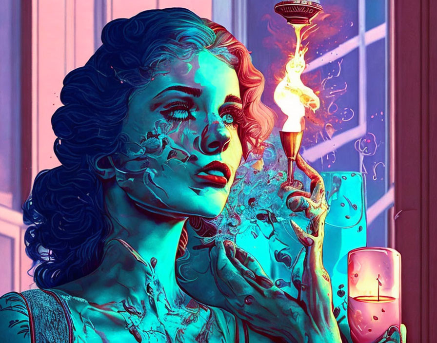 Colorful Illustration: Woman with Blue Skin and Butterfly Face Holding Wine Glass