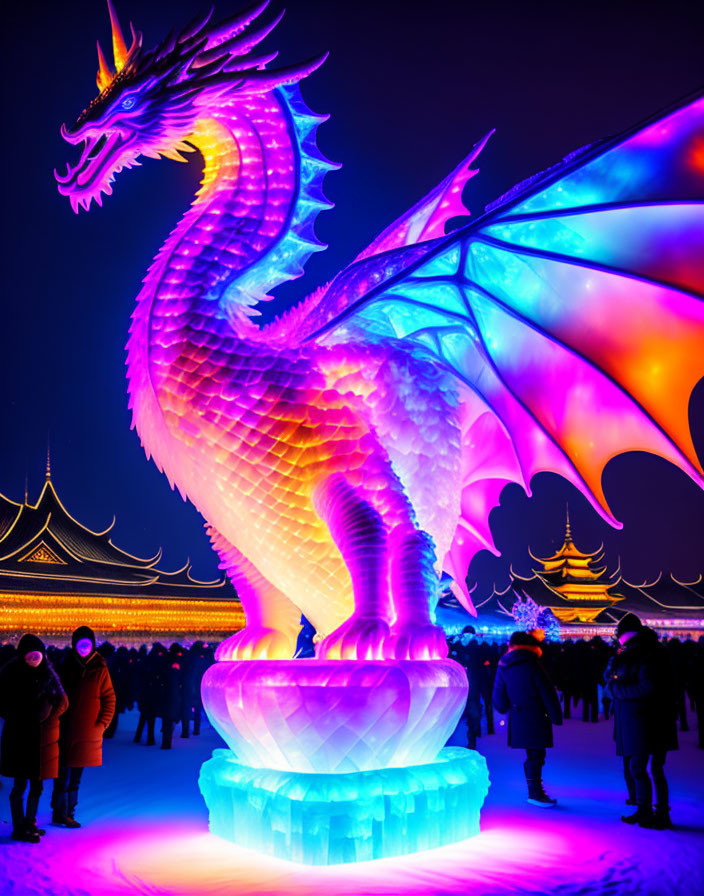 Colorful Dragon Ice Sculpture at Night with Onlookers and Traditional Buildings