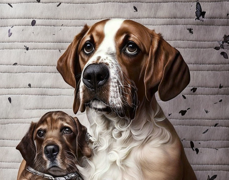 Two dogs on striped background with butterfly motifs - larger dog making eye contact