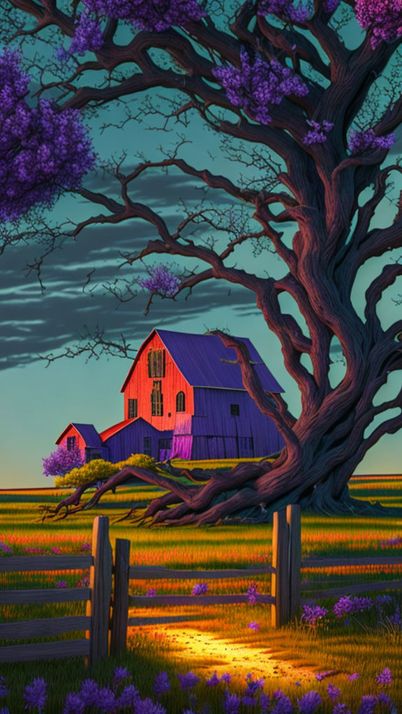 Vibrant purple jacaranda tree in twilight scene with barn and wooden fence