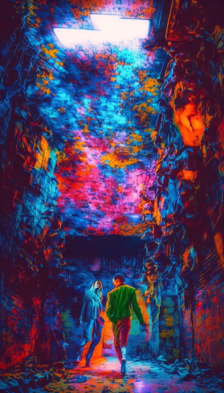 Colorful neon-lit alley with graffiti-covered walls and couple walking hand in hand.