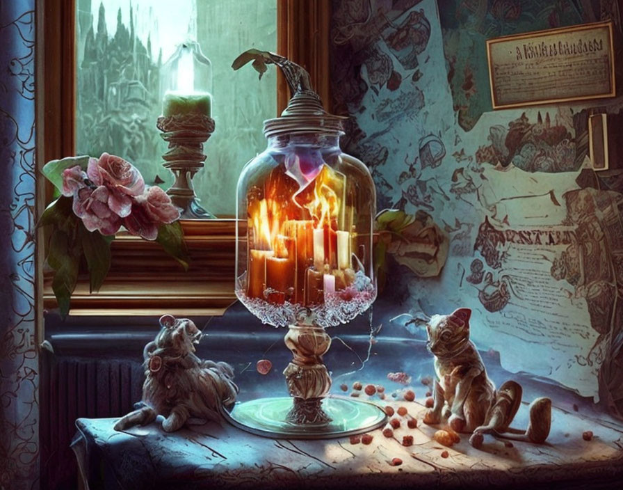 Fantasy-themed scene with glass jar, candles, dragon-like creature, beads, and papers.