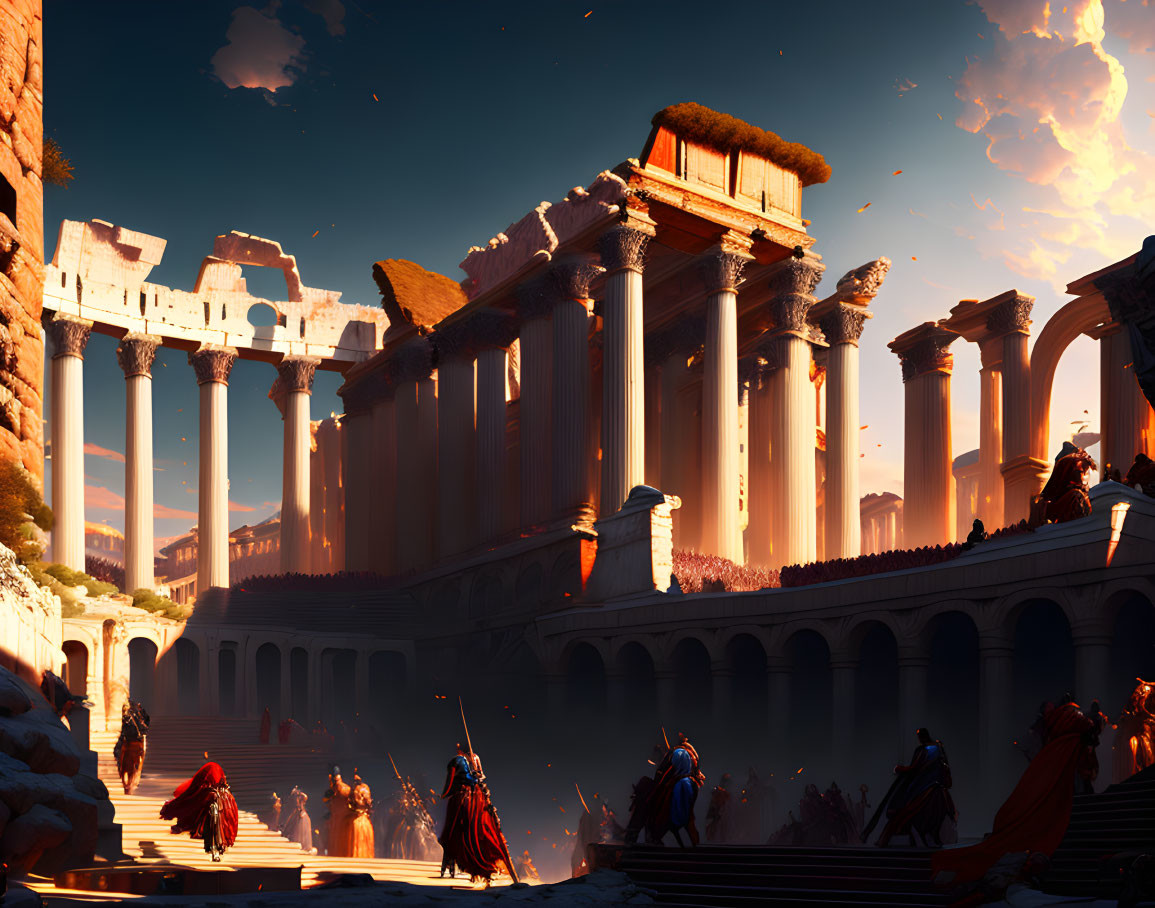 Warriors in Red Cloaks Amidst Ancient Ruins and Dramatic Sky