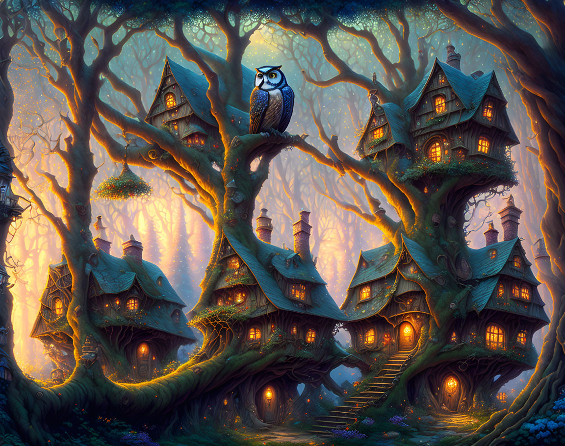 Magical twilight forest with whimsical treehouses and owl