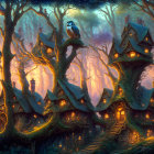 Magical twilight forest with whimsical treehouses and owl