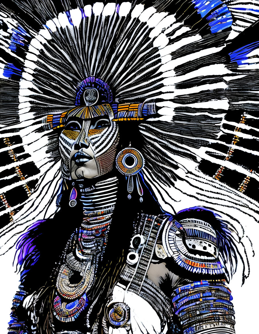 Intricate Face Paint and Feathered Headdress Illustration