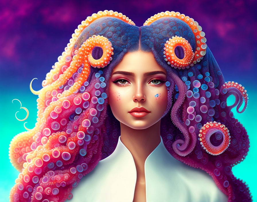 Vibrant blue and purple octopus-like hair on a woman with green eyes