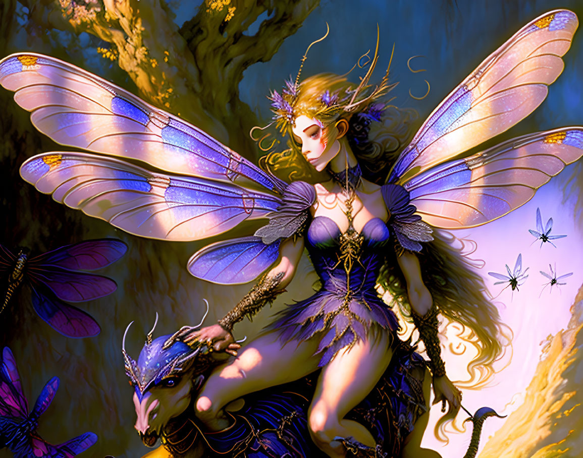 Fantasy illustration of fairy with iridescent wings in mystical forest