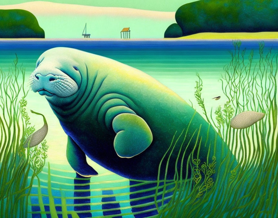 Underwater illustration of serene manatee surrounded by green plants and fish.