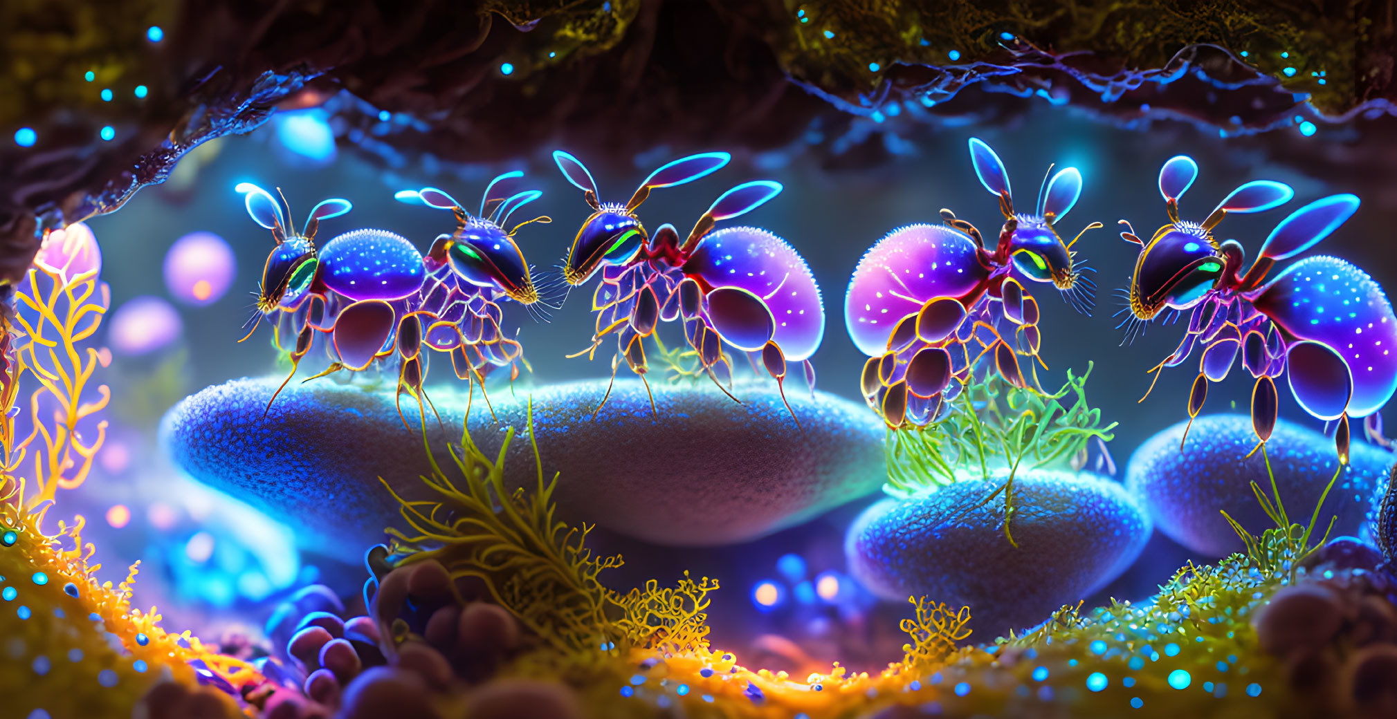 Colorful Insect Fantasy in Neon Micro-Ecosystem