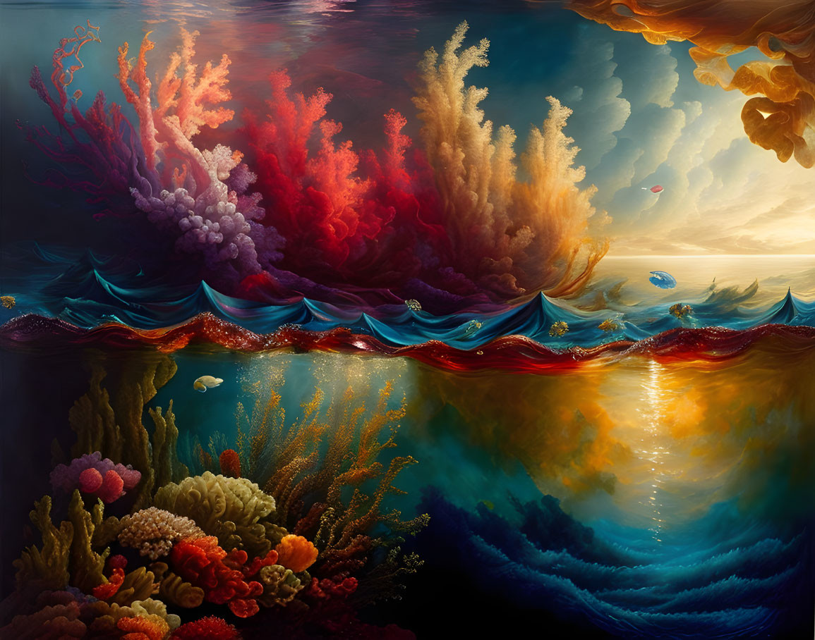 Surreal seascape with fiery coral formations and vivid sunset palette