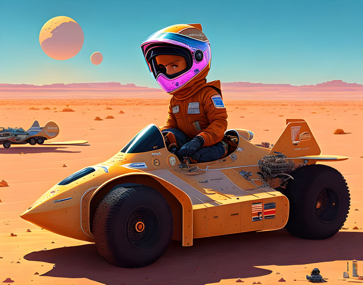 Astronaut in spacesuit drives rover on alien planet with two moons