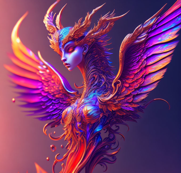 Colorful Mythical Creature Illustration with Feathered Wings and Ornate Headdress