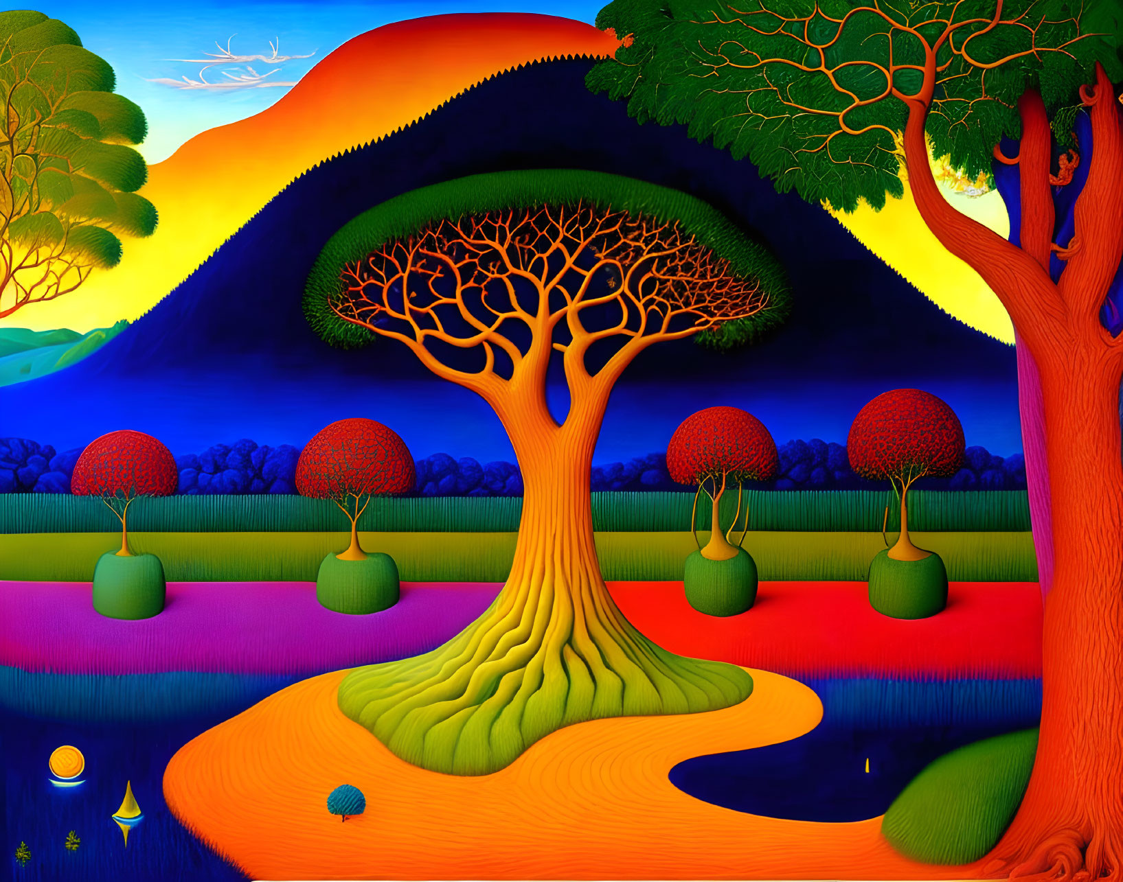 Colorful Landscape with Exaggerated Trees and Winding Path