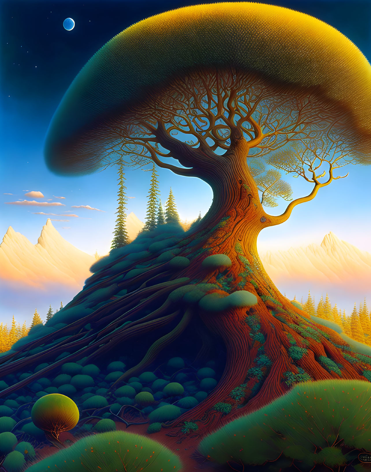 Surreal digital artwork: large tree with mushroom-like canopy on hill