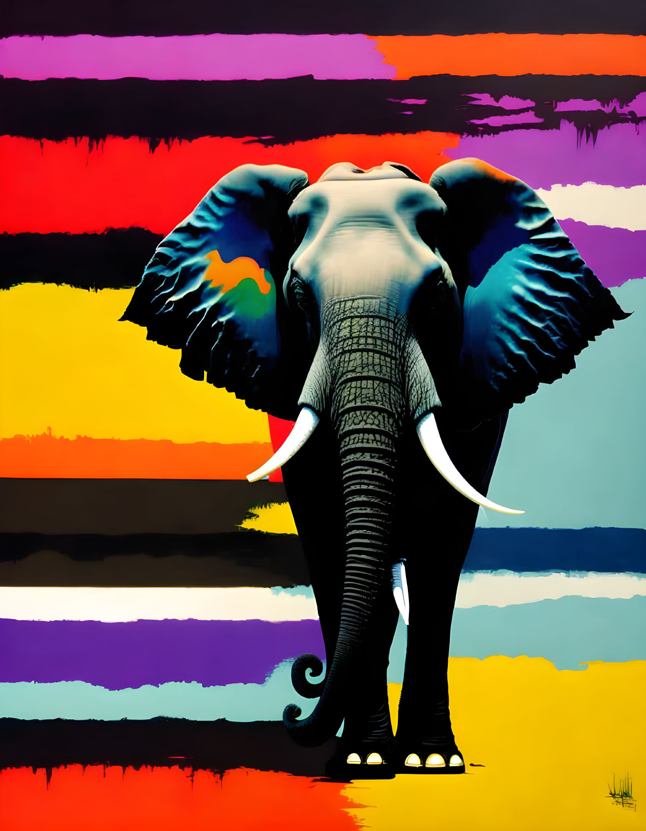 Colorful Winged Elephant Artwork with Bold Horizontal Stripes