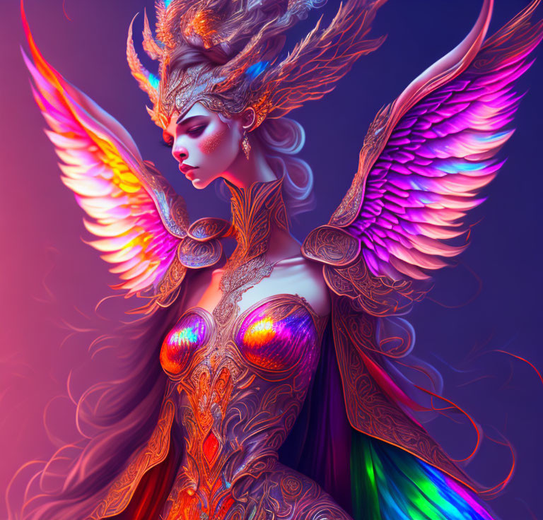 Colorful illustration: Woman with angelic wings and feather headdress in mystical setting