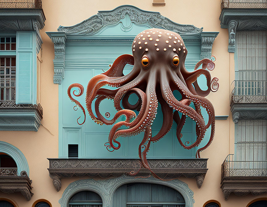 Detailed Octopus Emerging from European-Style Building Windows