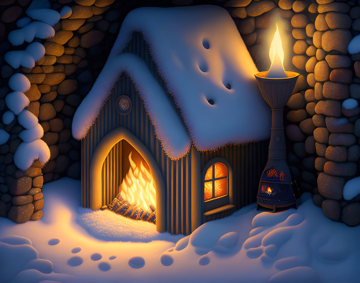 Snow-covered cabin at night with warm light and fireplace by torch