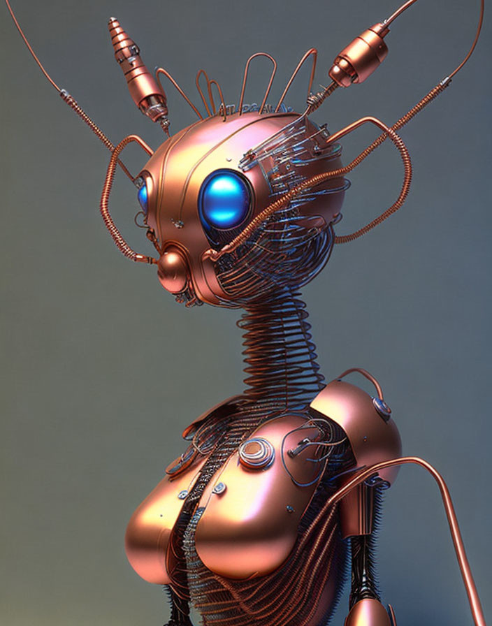 Futuristic robot with complex head structure and glowing blue eyes