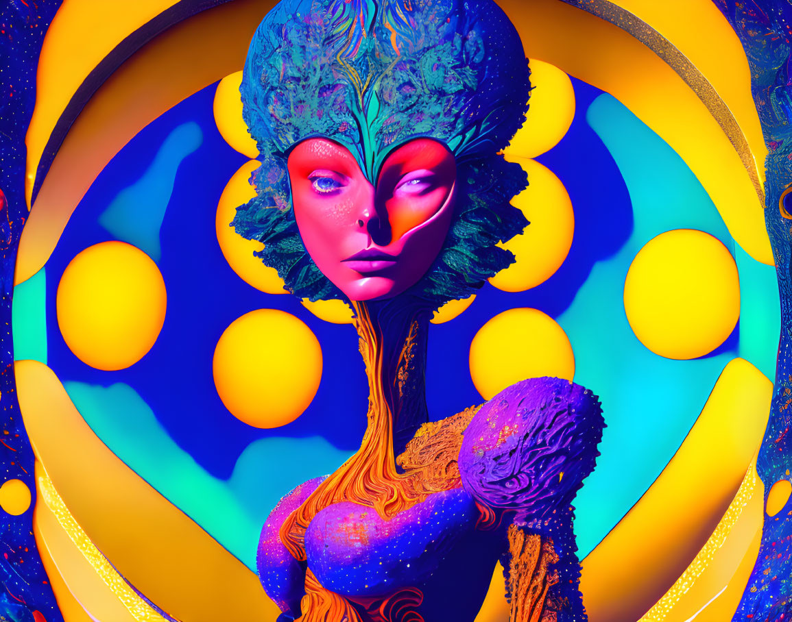 Colorful surreal female figure with tree-like texture and cosmic moons in artwork