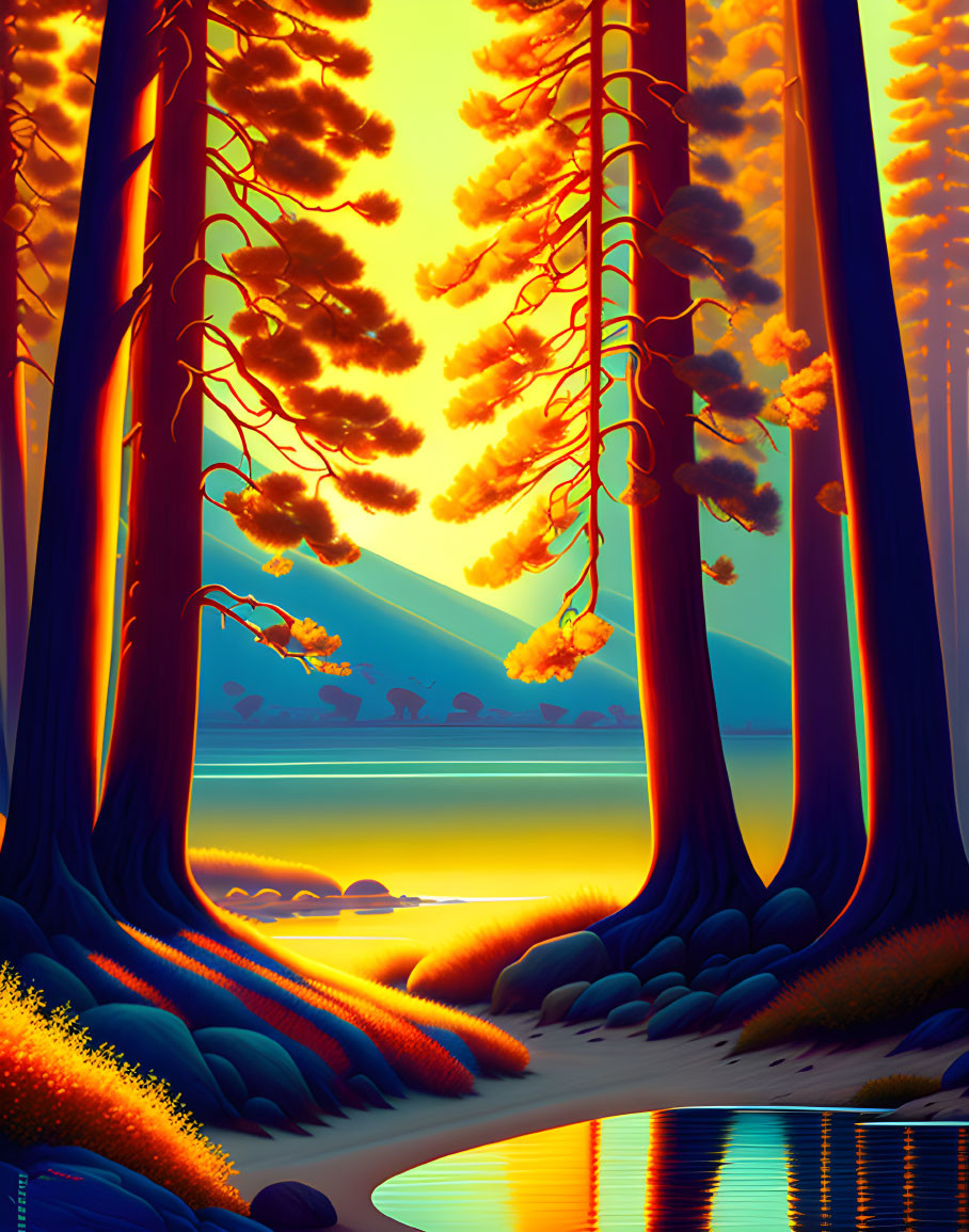 Digital artwork: Vibrant forest scene with deer silhouettes, towering trees, river, orange foliage