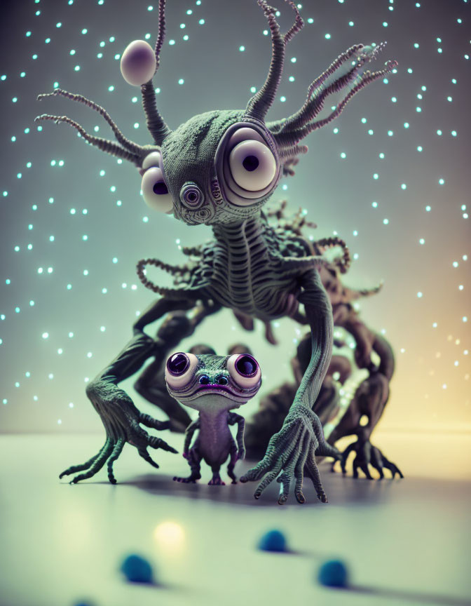 Extraterrestrial creatures with eye-stalks and tentacles in space