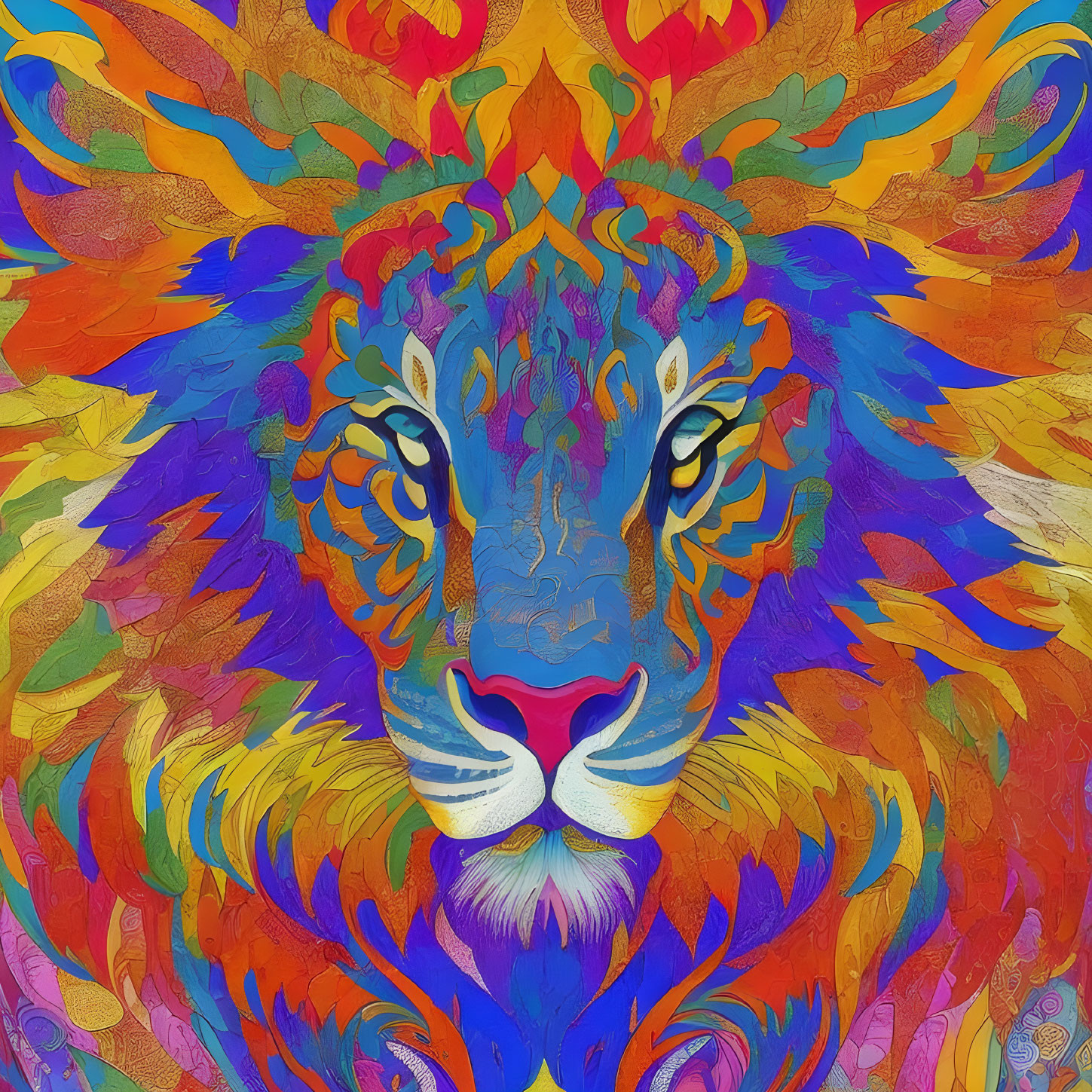 Colorful Lion Illustration with Intricate Mane and Floral Motifs