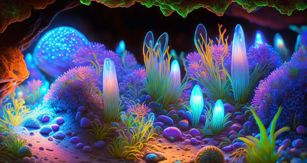 Colorful Underwater Scene with Glowing Coral and Bioluminescent Organisms