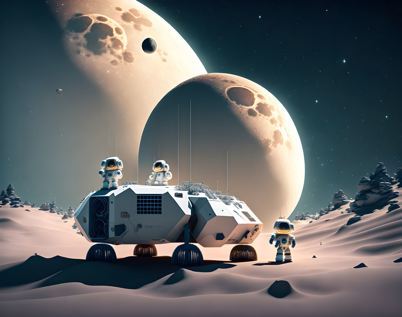 Robots exploring snowy alien landscape under multi-mooned sky