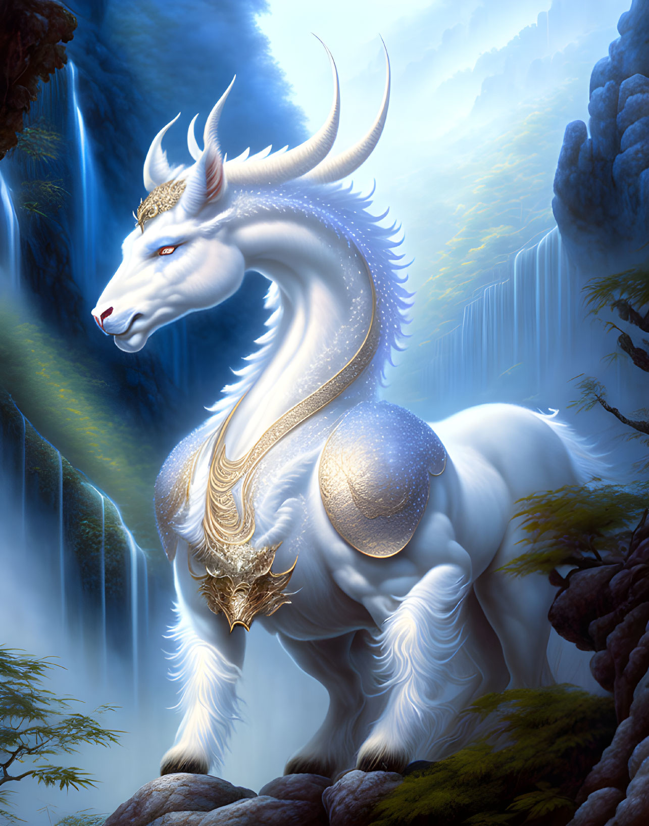 White unicorn with golden horns and armor at misty waterfall