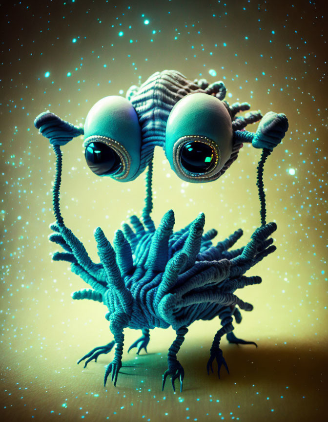 Whimsical creature with large eyes and coiled, blue body on starry background