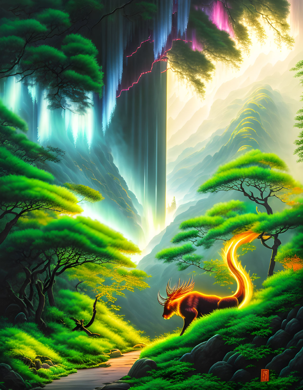 Enchanted forest with glowing path, ethereal waterfall, vibrant trees, and fiery creature