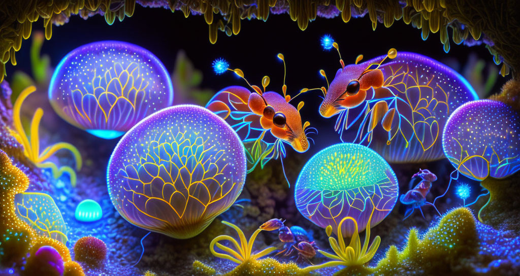 Bioluminescent marine life in vibrant underwater scene