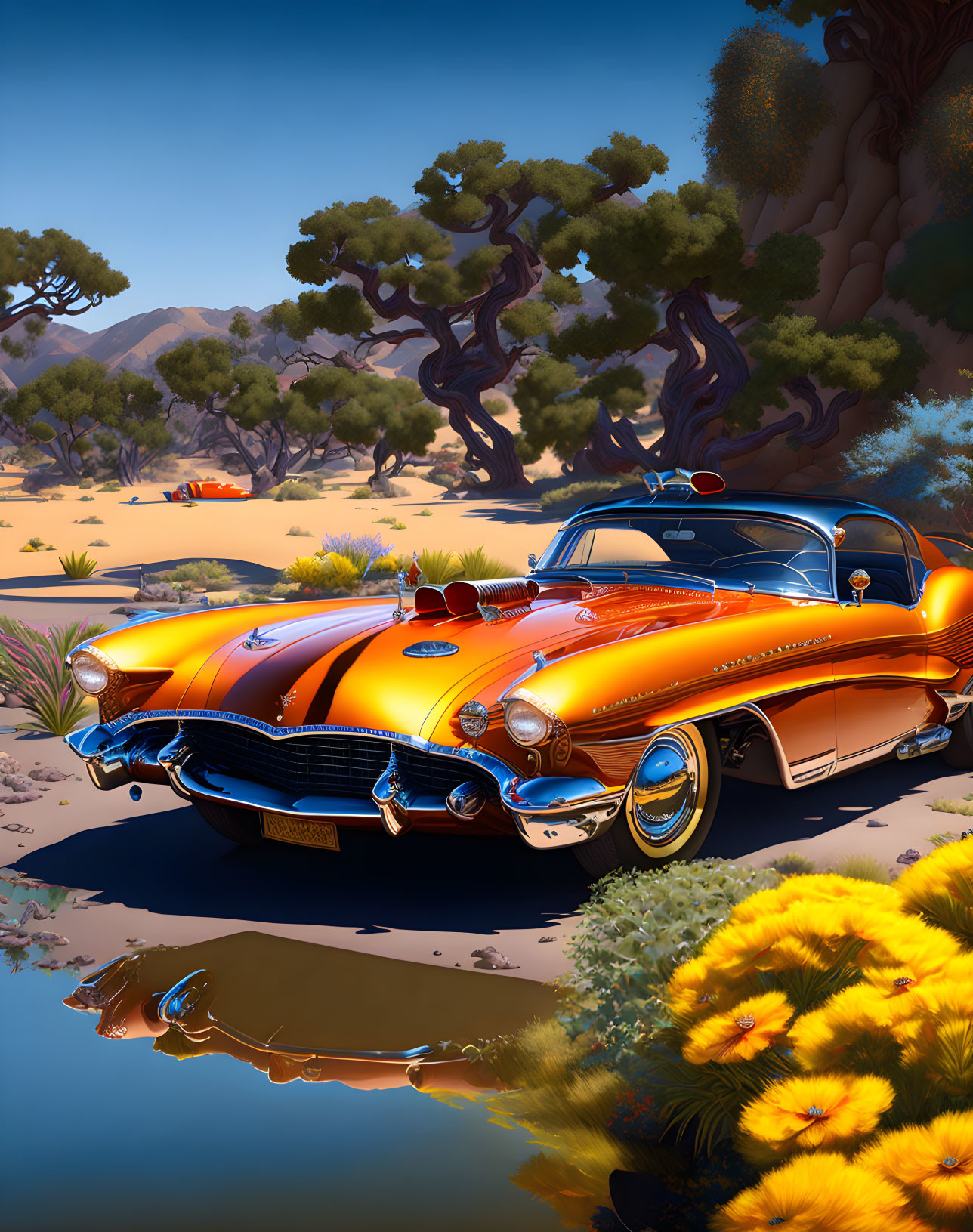 Classic Orange Car with Chrome Details Parked Near Water Body in Desert Setting