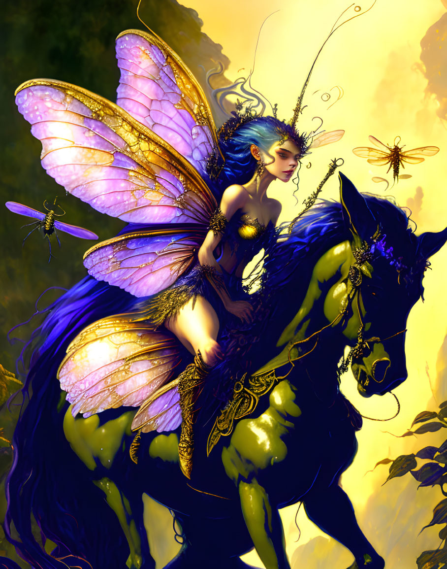 Blue-Haired Fairy on Black Horse in Mystical Forest Scene