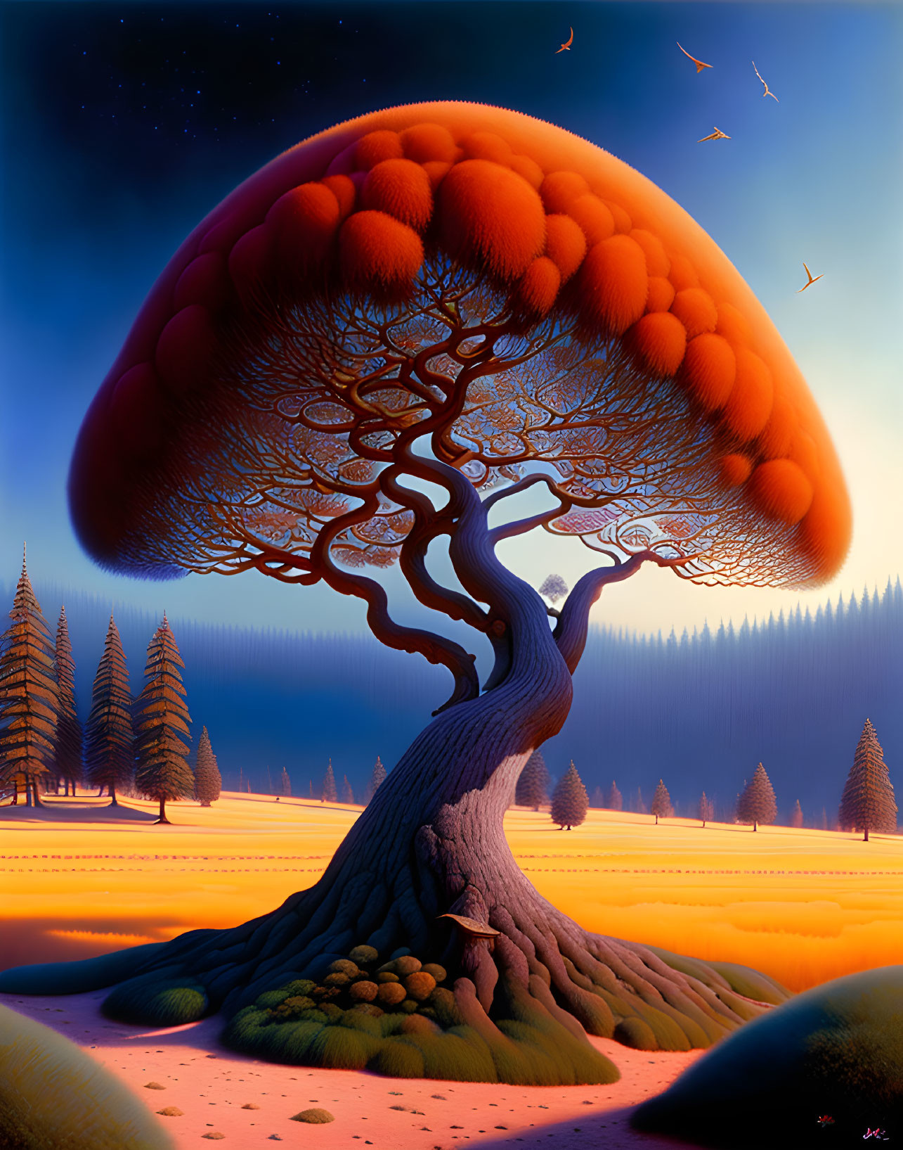 Fantastical artwork: Large tree with mushroom-like canopy under starry sky surrounded by smaller trees on