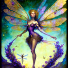 Majestic fairy queen with iridescent wings in night sky surrounded by flowers and fairies