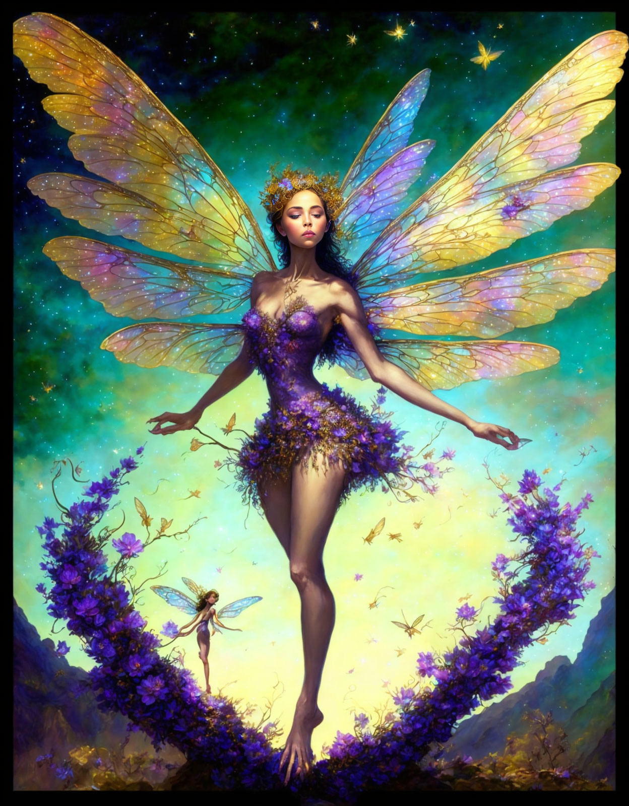 Majestic fairy queen with iridescent wings in night sky surrounded by flowers and fairies