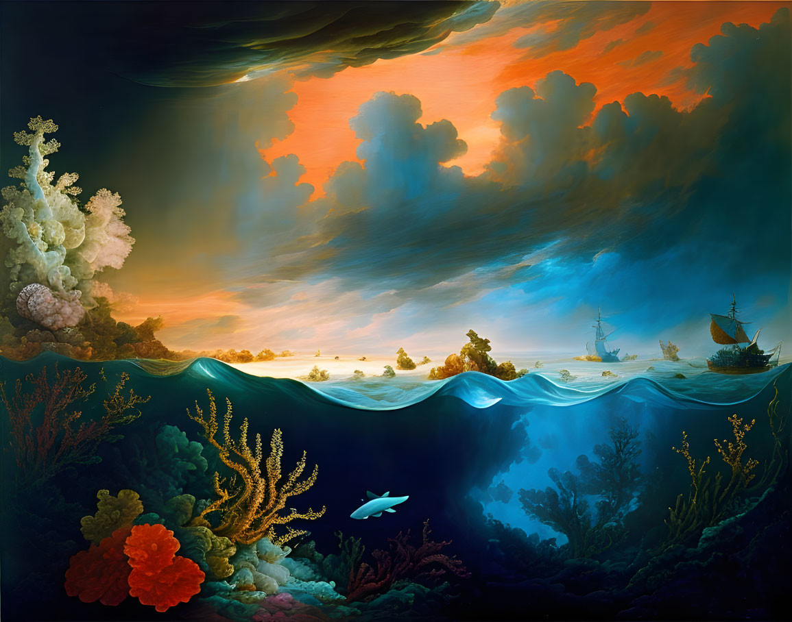 Sunset sky and underwater seascape merge with vibrant coral and marine life.