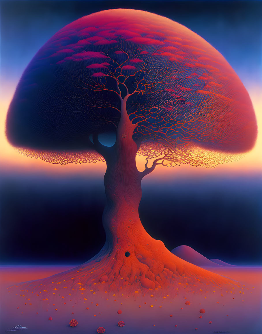 Colorful surreal tree illustration against twilight sky